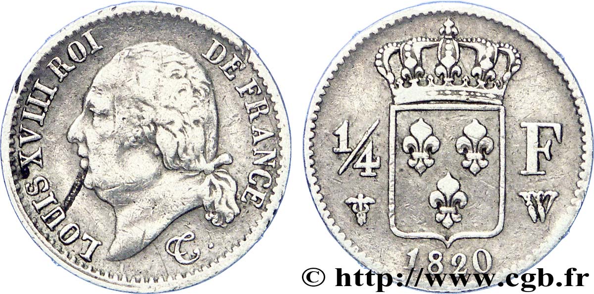 1/4 franc Louis XVIII 1820 Lille F.163/19 TTB 