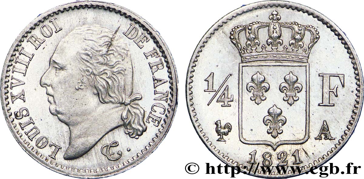 1/4 franc Louis XVIII 1821 Paris F.163/20 MS 