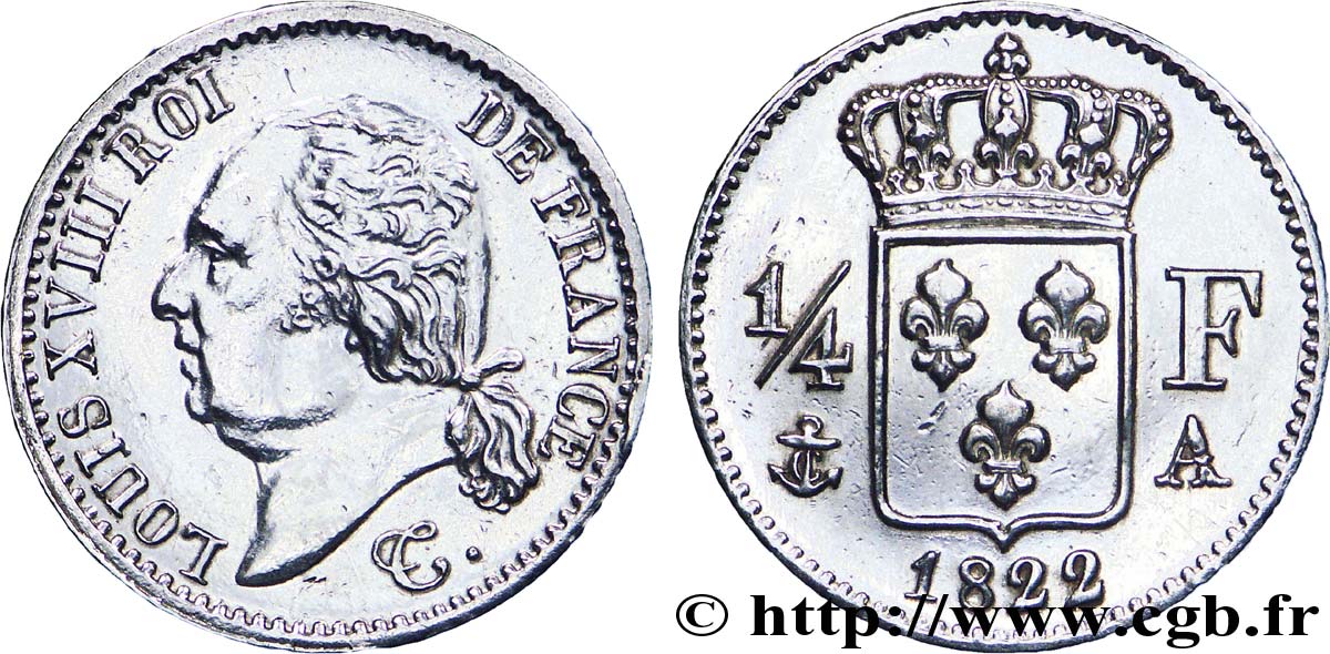 1/4 franc Louis XVIII 1822 Paris F.163/21 AU 
