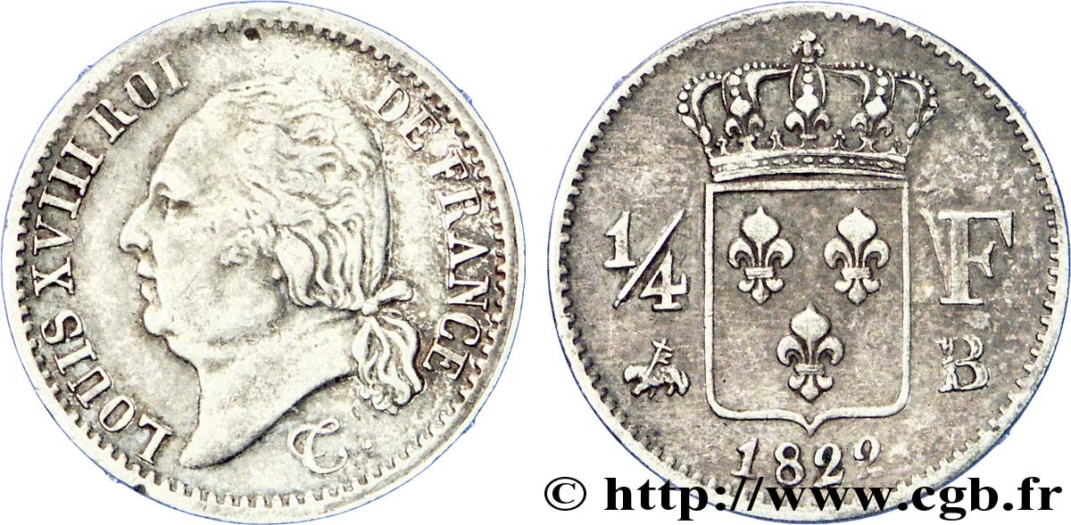 1/4 franc Louis XVIII 1822 Rouen F.163/22 TTB 