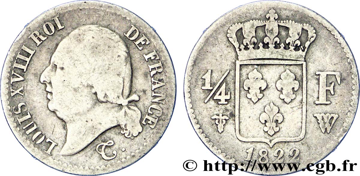 1/4 franc Louis XVIII 1822 Lille F.163/23 MB 