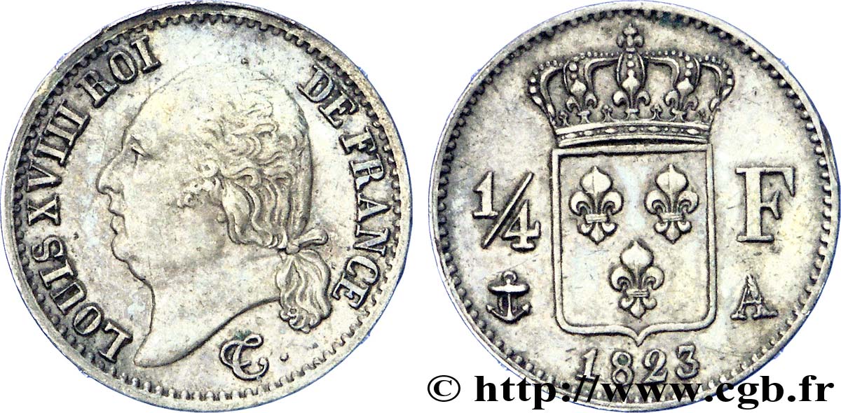 1/4 franc Louis XVIII 1823 Paris F.163/24 TTB 