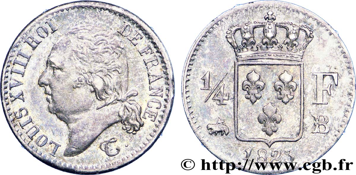 1/4 franc Louis XVIII 1823 Rouen F.163/25 TTB 