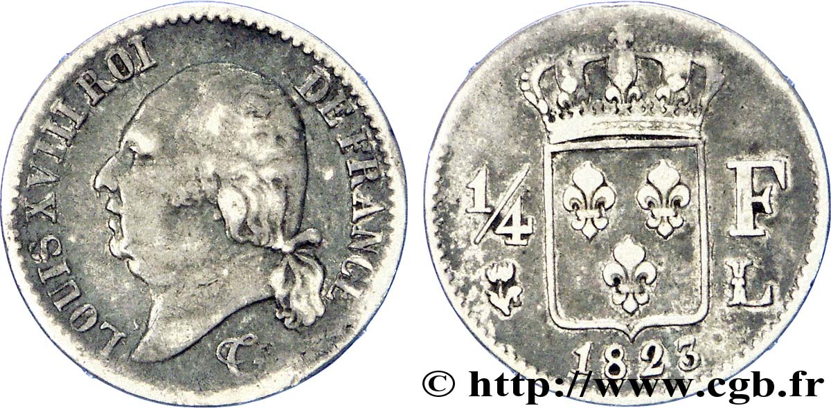 1/4 franc Louis XVIII 1823 Bayonne F.163/27 TB 