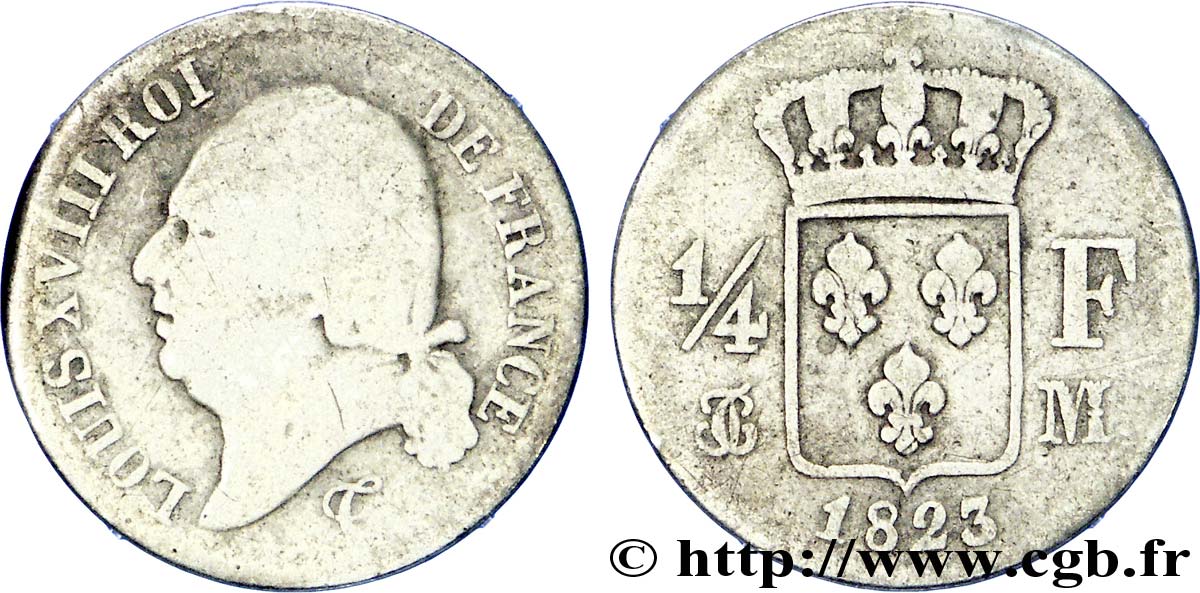 1/4 franc Louis XVIII 1823 Toulouse F.163/28 VF 