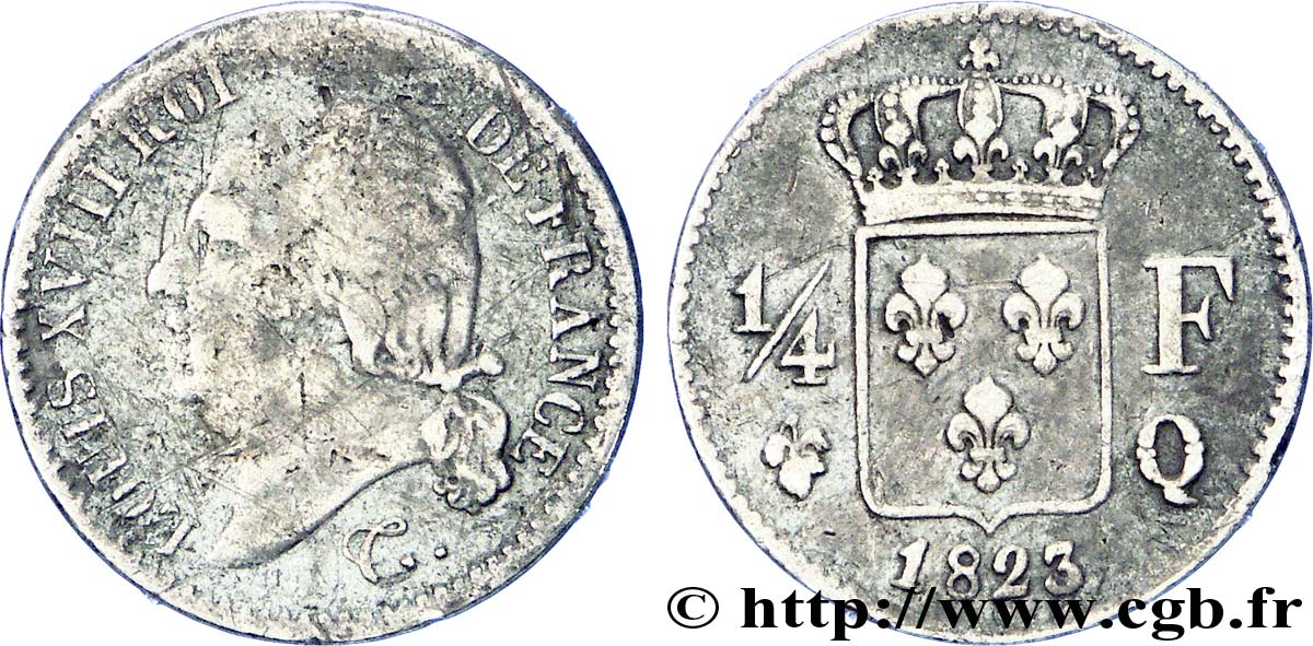 1/4 franc Louis XVIII 1823 Perpignan F.163/29 TB 
