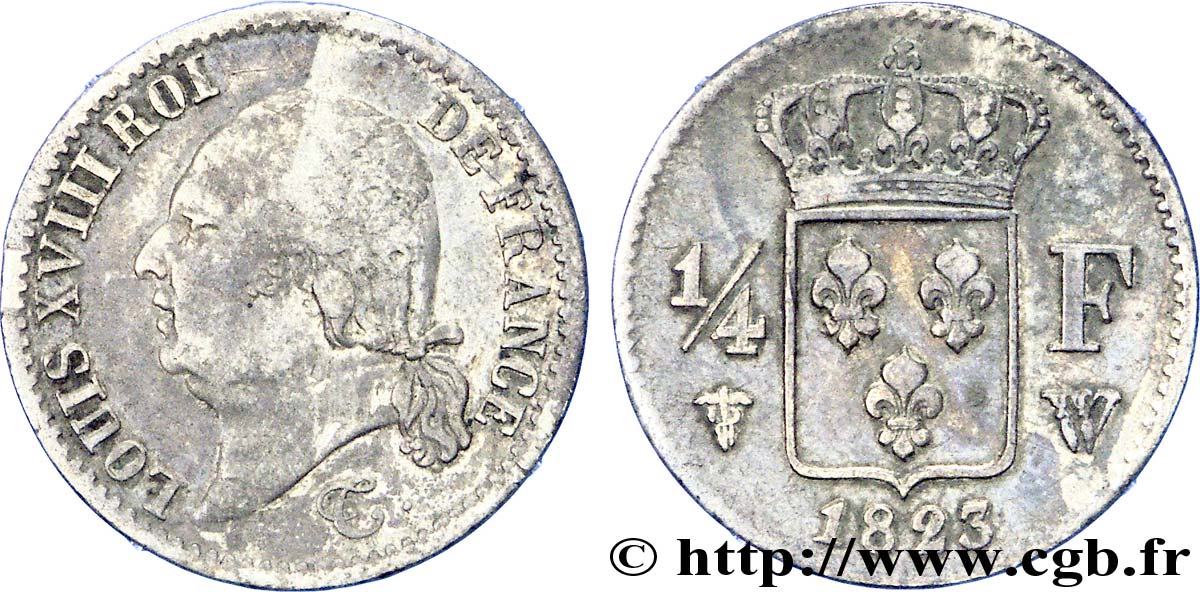1/4 franc Louis XVIII 1823 Lille F.163/30 TB 