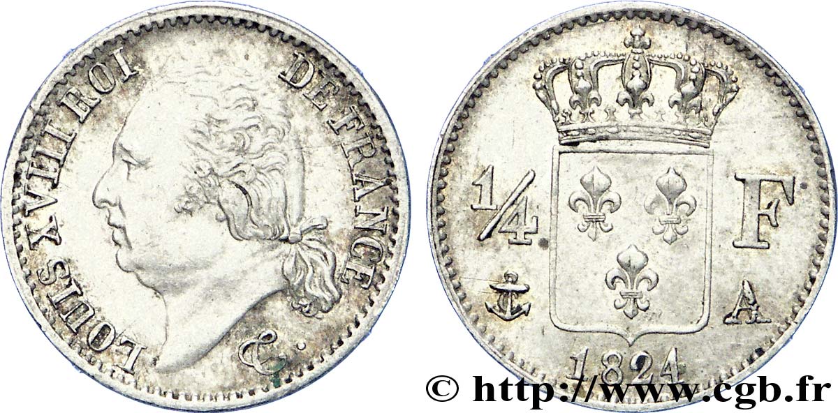 1/4 franc Louis XVIII 1824 Paris F.163/31 AU 