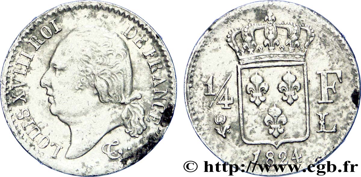 1/4 franc Louis XVIII 1824 Bayonne F.163/33 MBC 