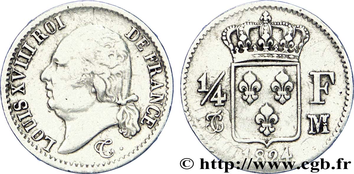 1/4 franc Louis XVIII 1824 Toulouse F.163/34 TB 