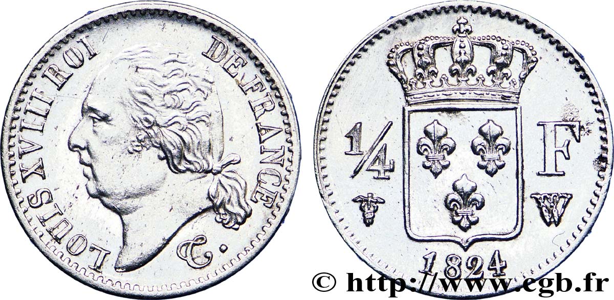 1/4 franc Louis XVIII 1824 Lille F.163/35 AU 