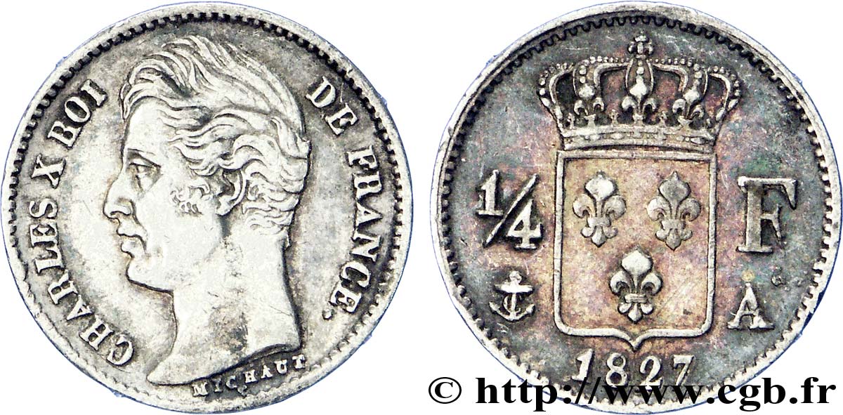 1/4 franc Charles X 1827 Paris F.164/10 XF 
