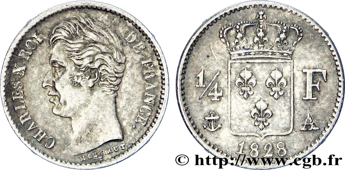 1/4 franc Charles X 1828 Paris F.164/18 AU 