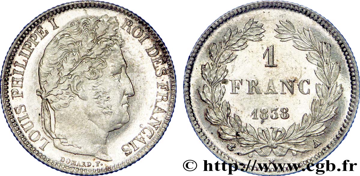 1 franc Louis-Philippe, couronne de chêne 1838 Paris F.210/62 SUP 