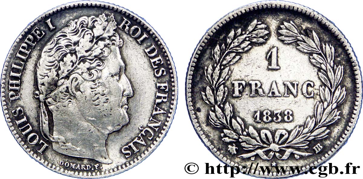 1 franc Louis-Philippe, couronne de chêne 1838 Strasbourg F.210/64 XF 