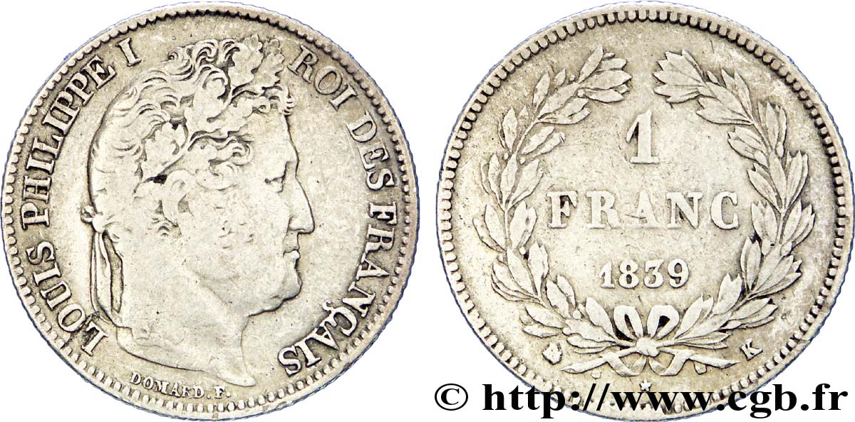 1 franc Louis-Philippe, couronne de chêne 1839 Bordeaux F.210/71 TB 