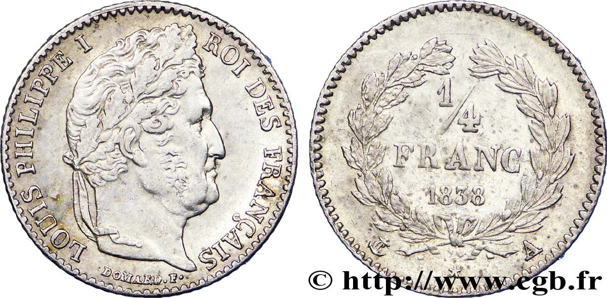 1/4 franc Louis-Philippe 1838 Paris F.166/69 SUP 