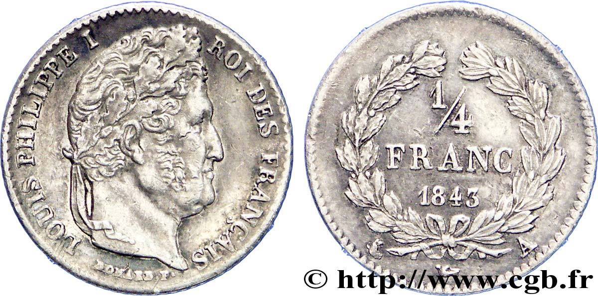 1/4 franc Louis-Philippe 1843 Paris F.166/93 XF 