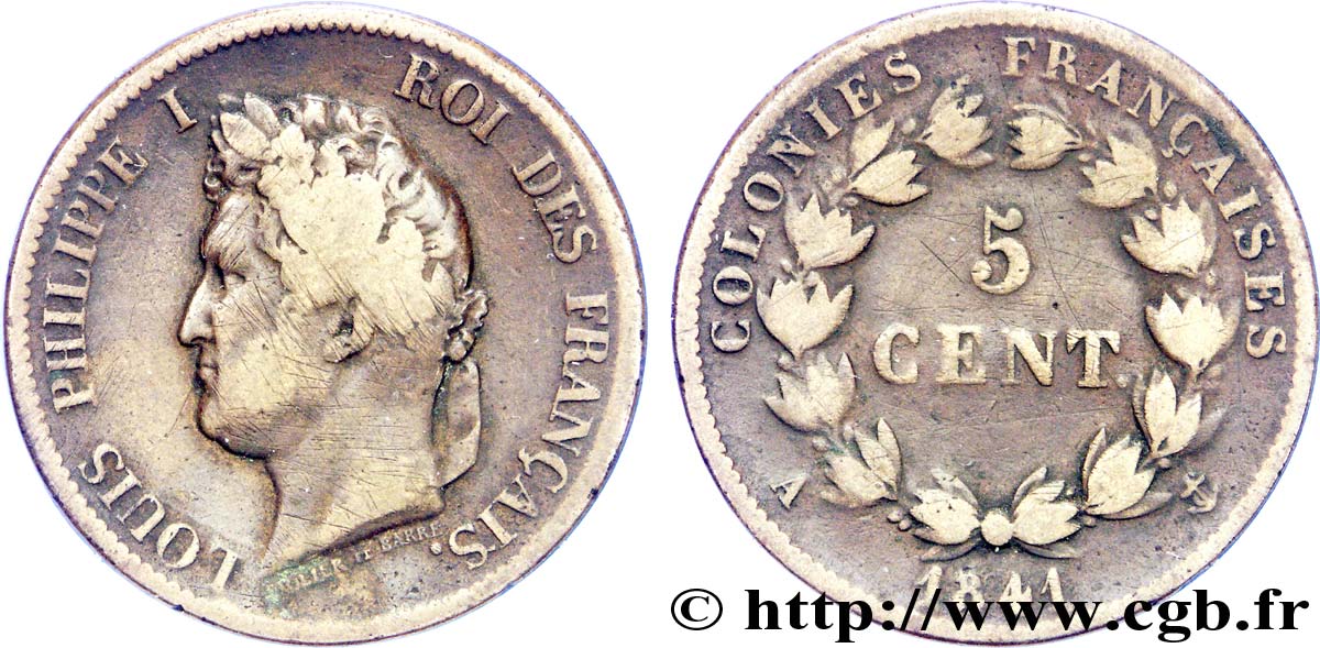 COLONIE FRANCESI - Luigi Filippo, per Guadalupa 5 centimes 1841 Paris VF 