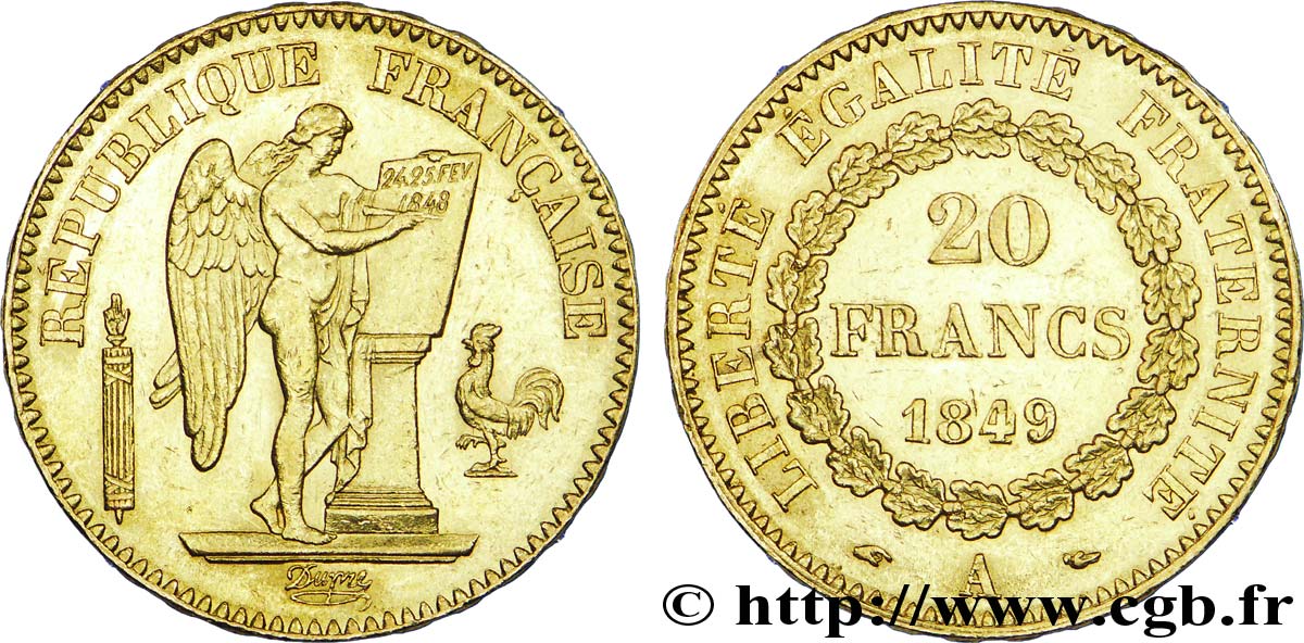 20 francs or Génie, IIe République 1849 Paris F.528/2 XF 