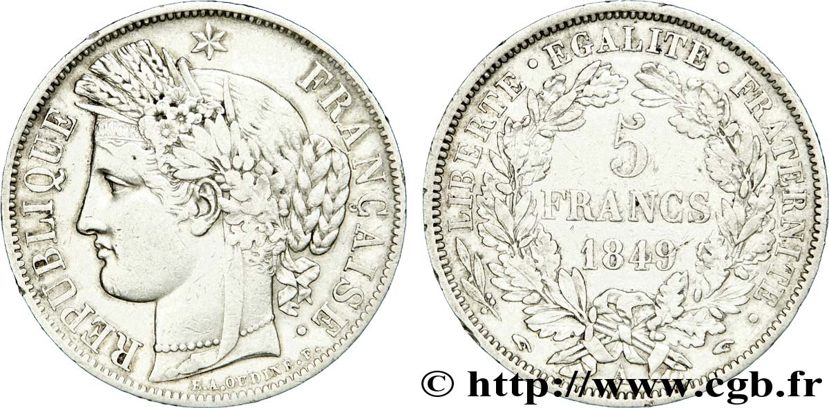 5 francs Cérès, IIe République, “Main/Main” 1849 Paris F.327/2 XF 