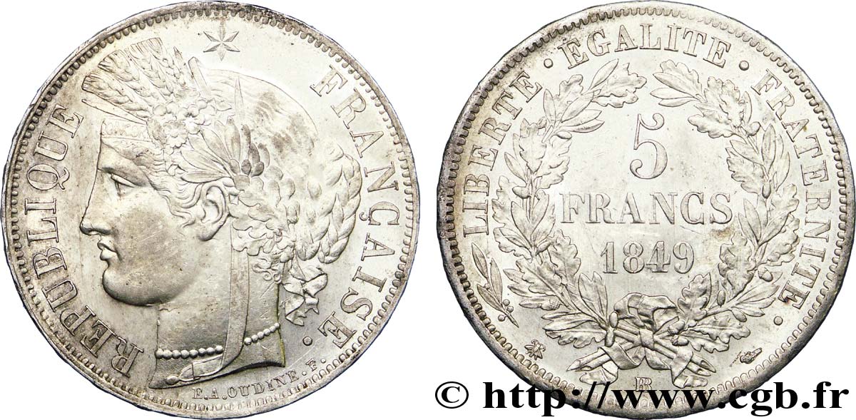 5 francs Cérès, IIe République 1849 Strasbourg F.327/3 SPL 