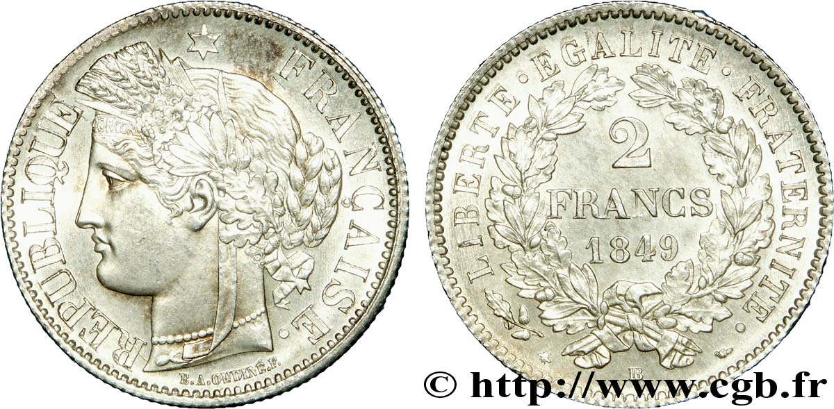 2 francs Cérès, IIe République 1849 Strasbourg F.261/2 MS 