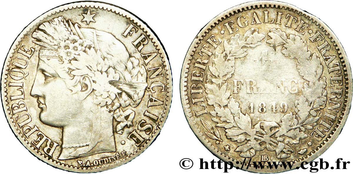 1 franc Cérès, IIe République 1849 Strasbourg F.211/2 VF 