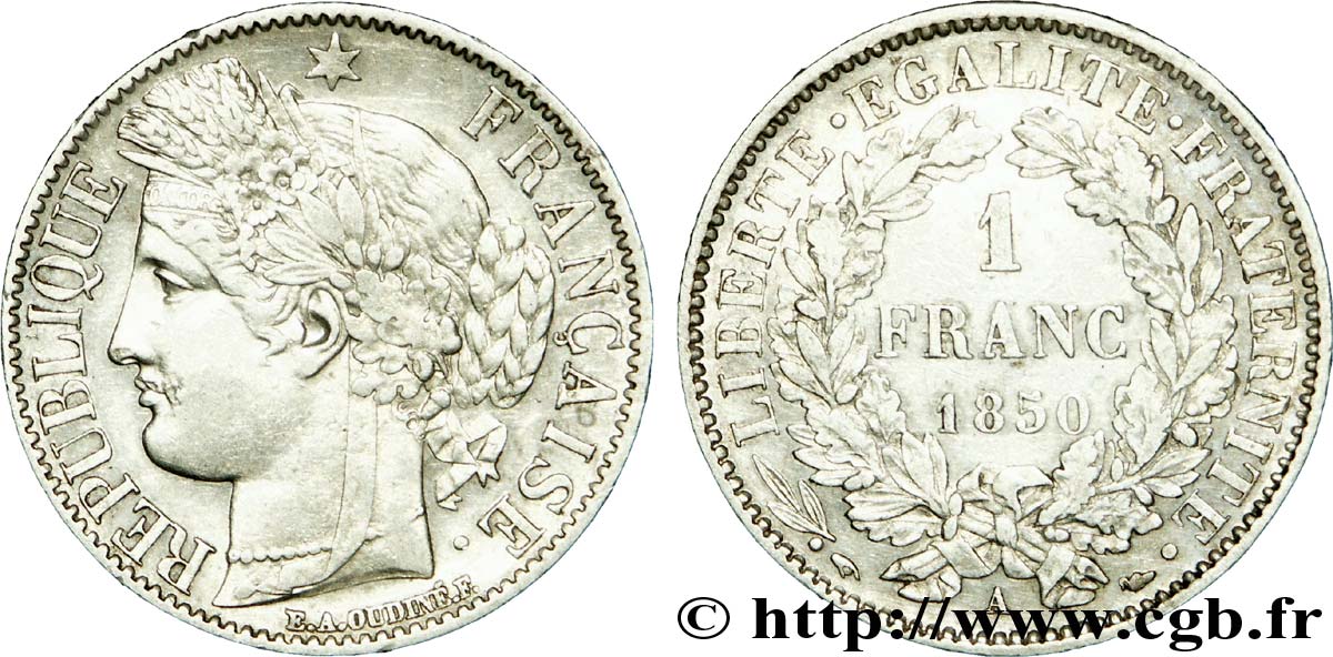 1 franc Cérès, IIe République, oreille basse 1850 Paris F.211/5 TTB 