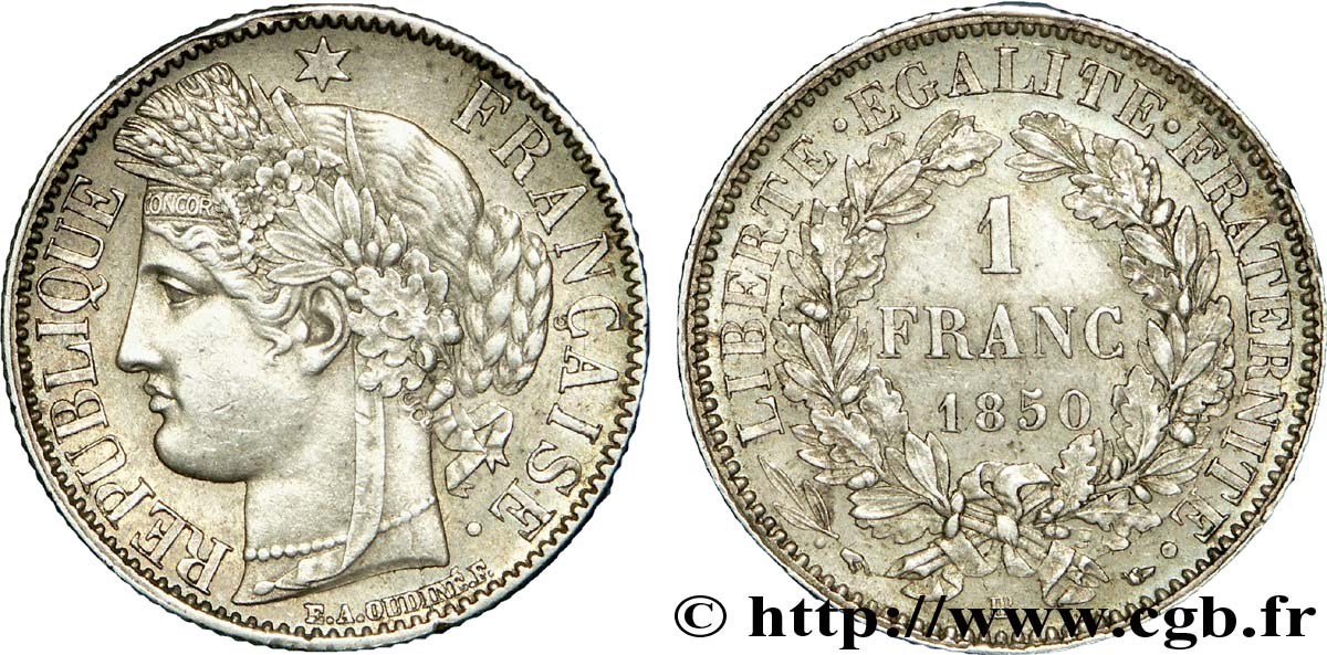 1 franc Cérès, IIe République, différent main 1850 Strasbourg F.211/7 SUP 