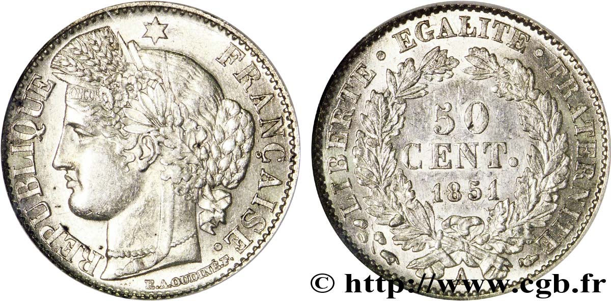 50 centimes Cérès, IIe République 1851 Paris F.184/5 SPL 