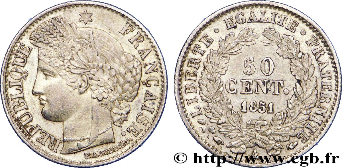 50 centimes Cérès, IIe République 1851 Paris F.184/5 BB 