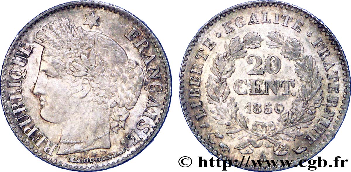 20 centimes Cérès, IIe République, oreille haute 1850 Paris F.146/2 VZ 