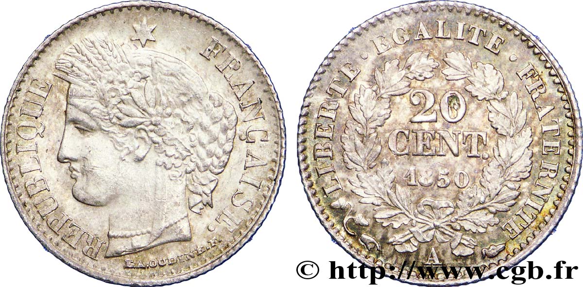 20 centimes Cérès, IIe République, oreille basse 1850 Paris F.146/3 VZ 