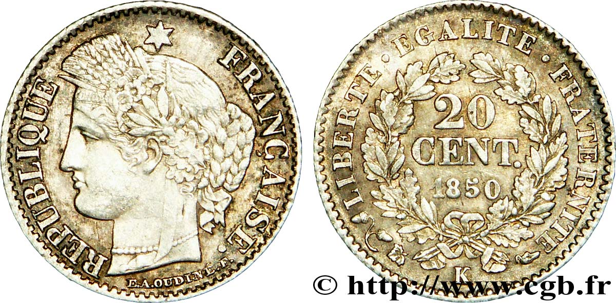 20 centimes Cérès, IIe République, oreille basse 1850 Bordeaux F.146/5 TTB 