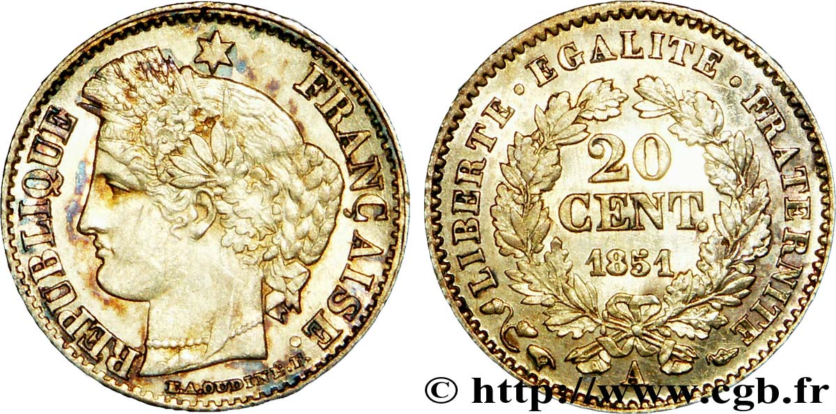 20 centimes Cérès, IIe République 1851 Paris F.146/7 VZ 
