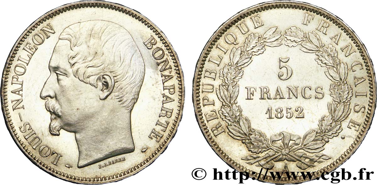 5 francs Louis-Napoléon, J.J. BARRE 1852 Paris F.328/1 AU 