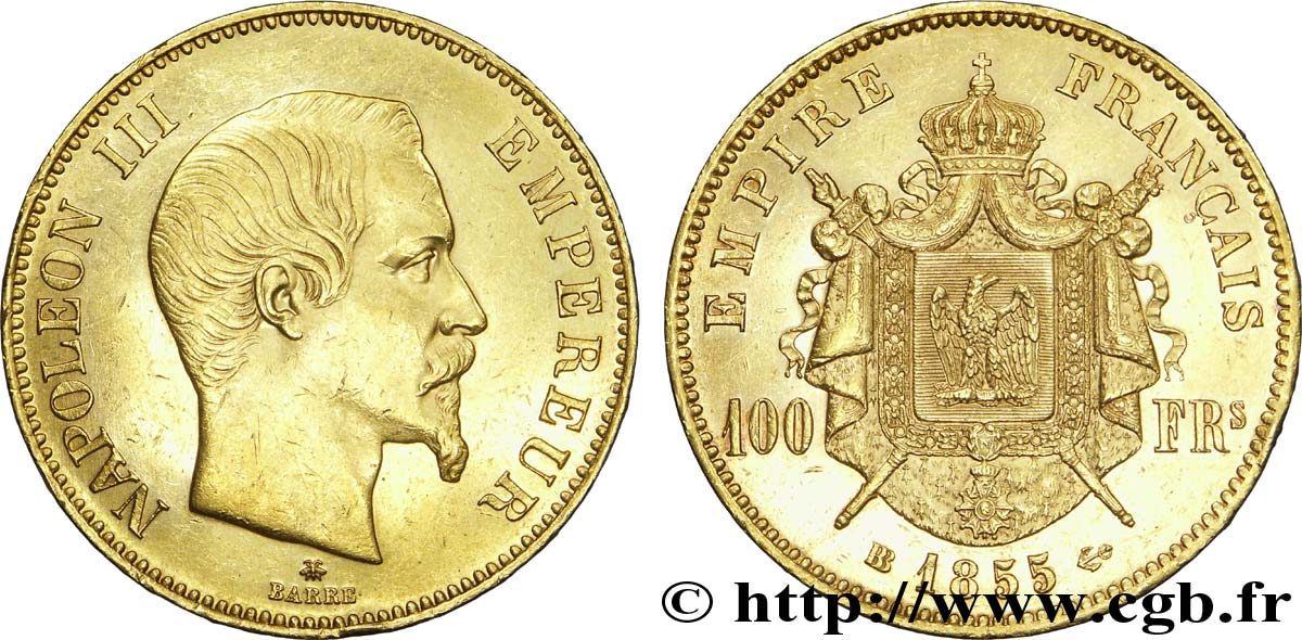 100 francs or Napoléon III, tête nue 1855 Strasbourg F.550/2 XF 