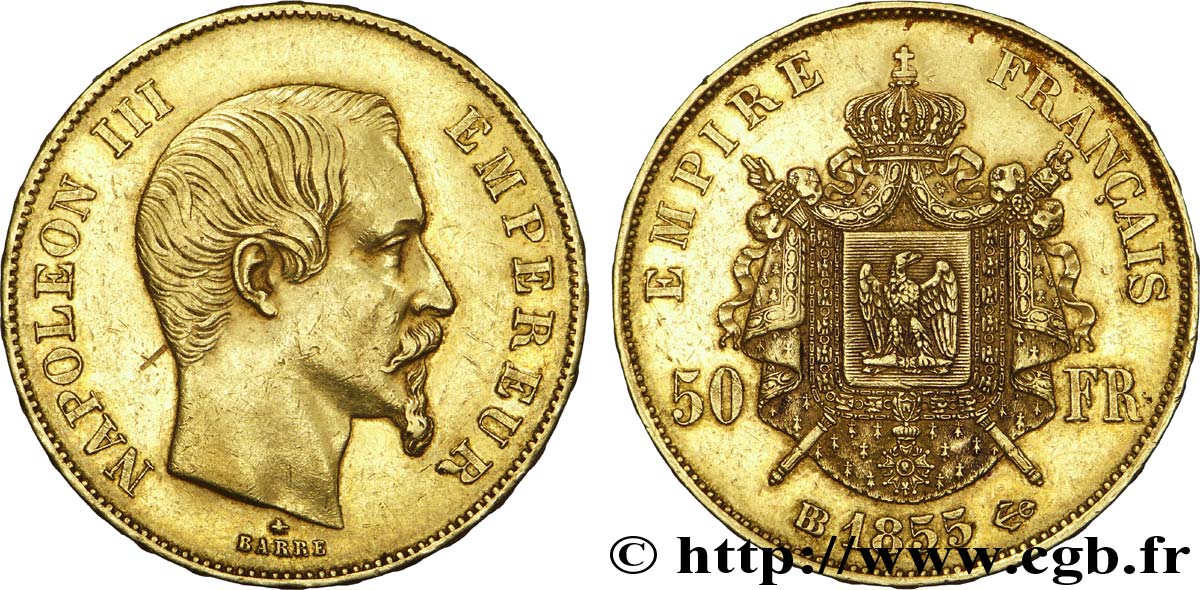 50 francs or Napoléon III, tête nue 1855 Strasbourg F.547/2 MBC 