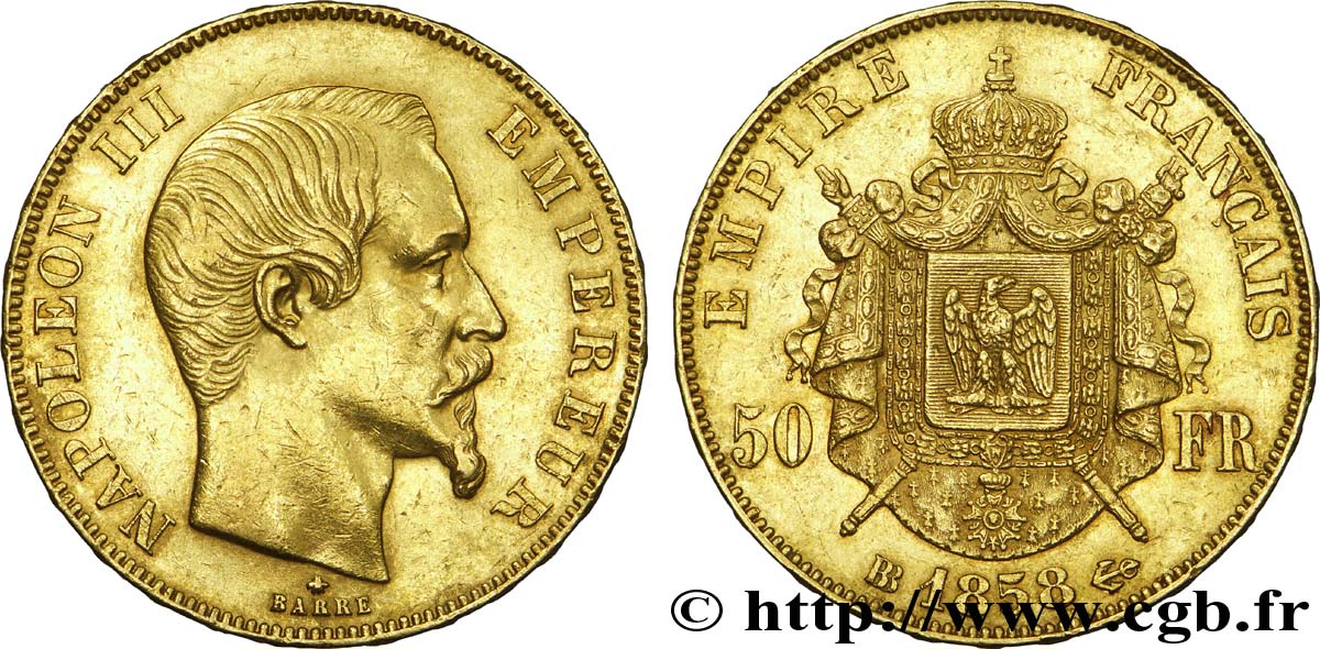 50 francs or Napoléon III, tête nue 1858 Strasbourg F.547/6 XF 