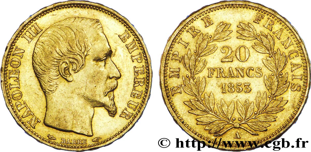 20 francs or Napoléon III, tête nue 1853 Paris F.531/1 XF 