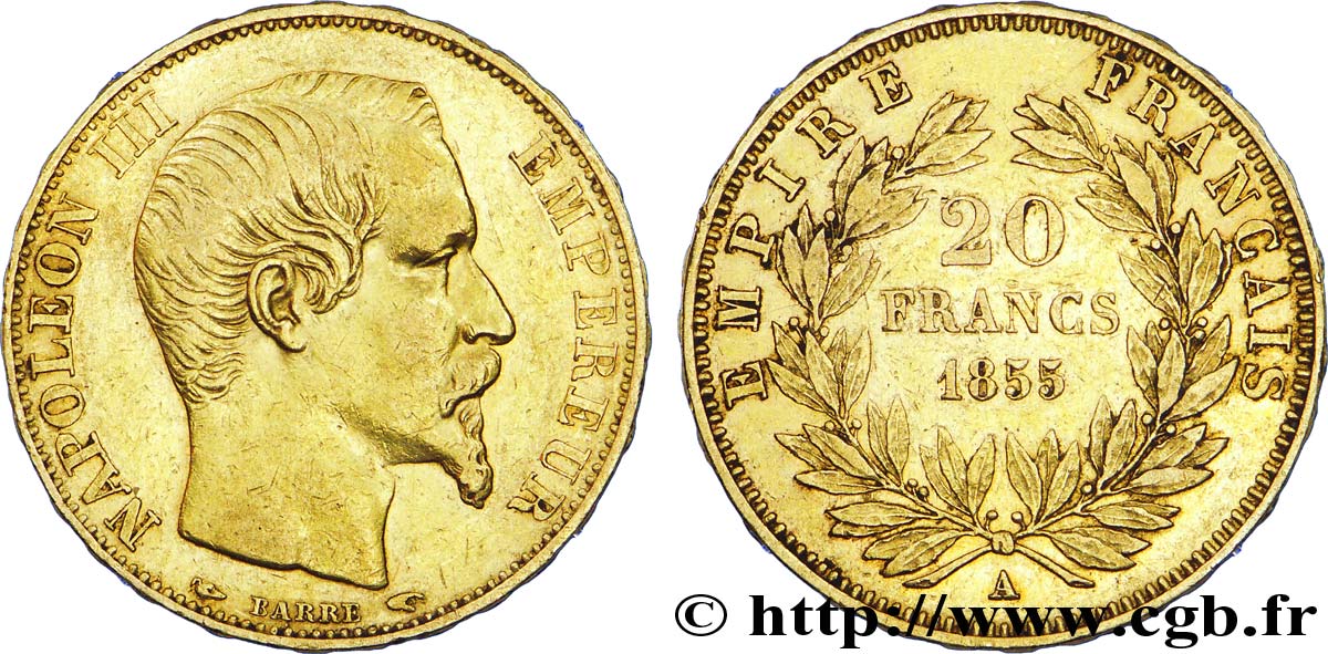 20 francs or Napoléon III, tête nue, différent levrette 1855 Paris F.531/3 SS 