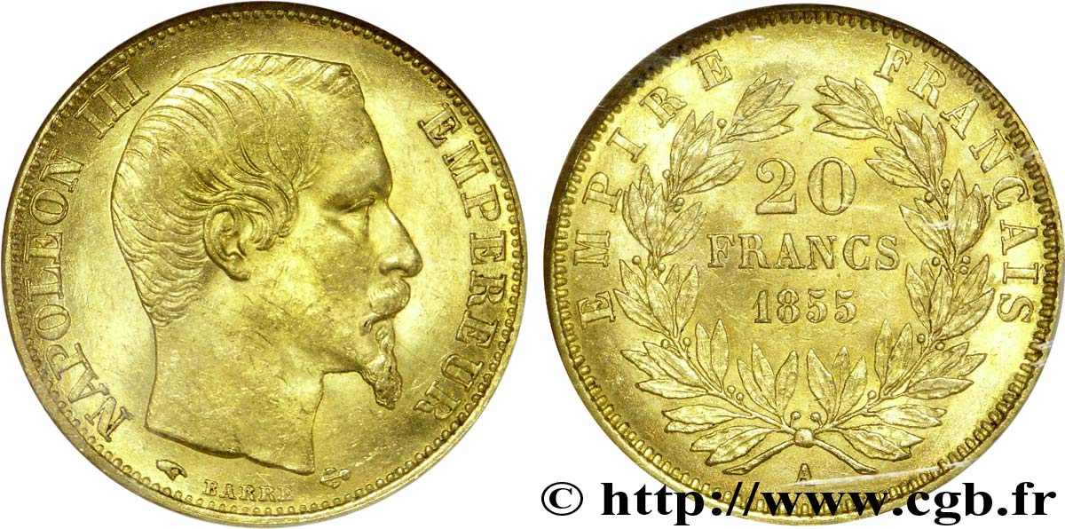 20 francs or Napoléon III, tête nue, différent ancre 1855 Paris F.531/4 MS 