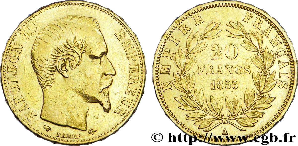 20 francs or Napoléon III, tête nue, différent ancre 1855 Paris F.531/4 TTB 