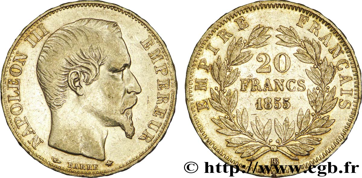 20 francs or Napoléon III, tête nue, différent levrette 1855 Strasbourg F.531/5 MBC 