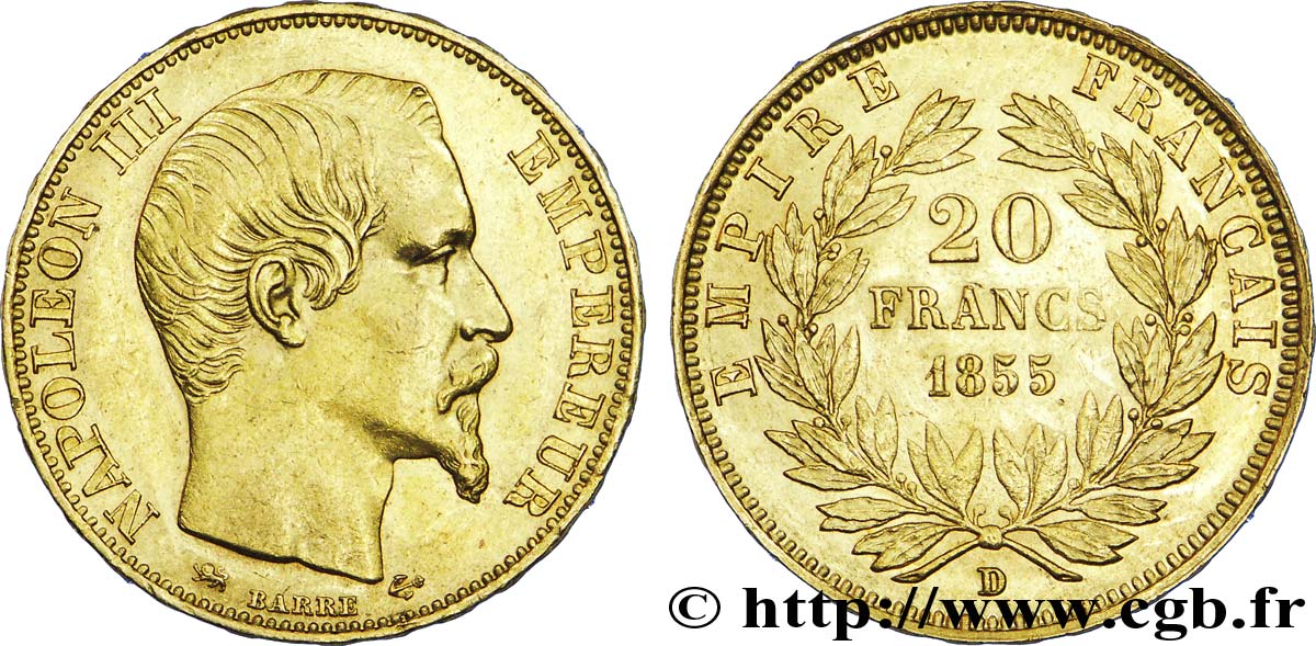 20 francs or Napoléon III, tête nue, différent petit lion 1855 Lyon F.531/7 XF 