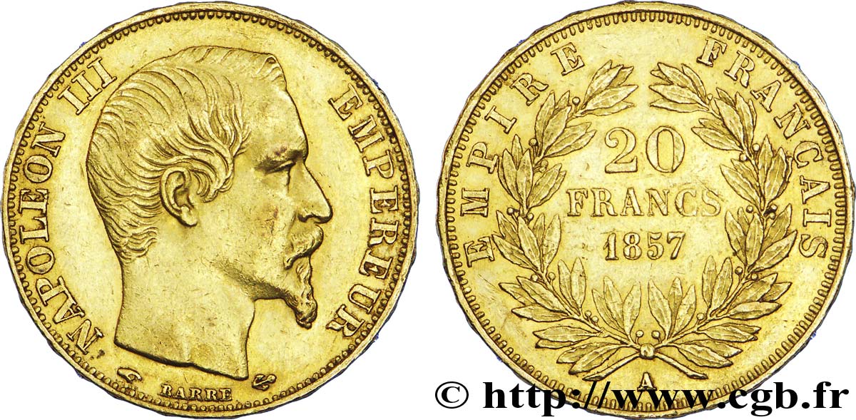 20 francs or Napoléon III, tête nue 1857 Paris F.531/12 BB 