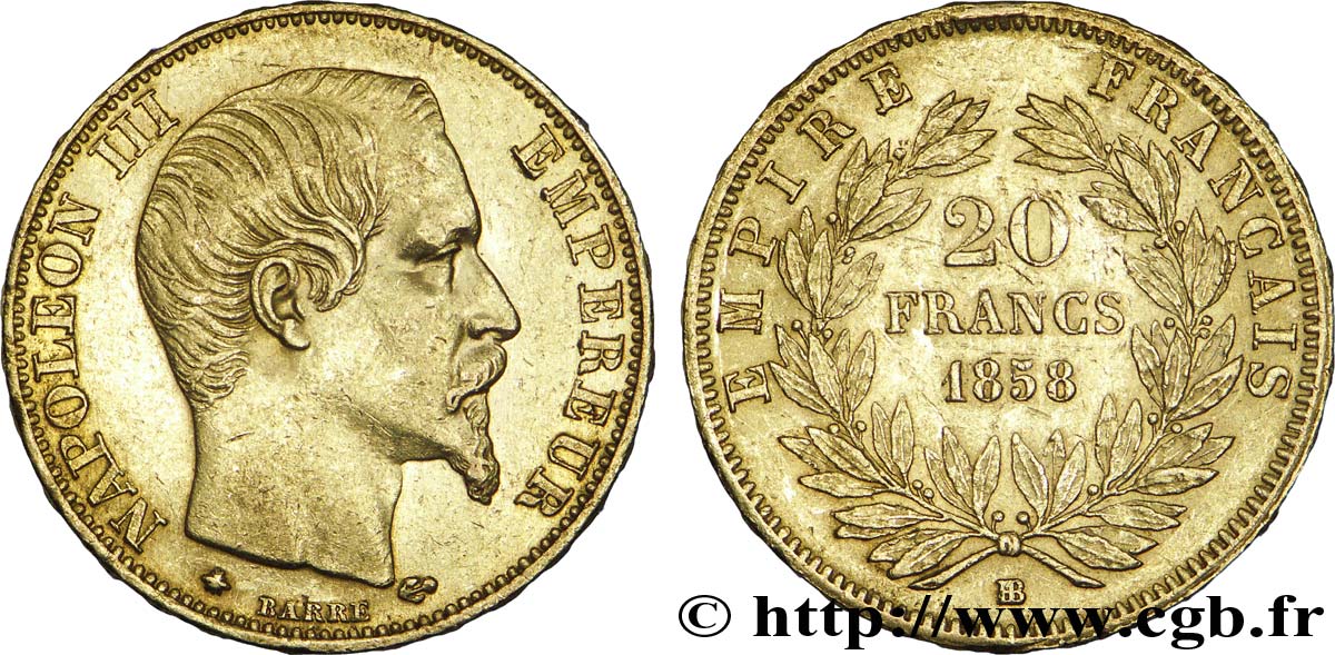 20 francs or Napoléon III, tête nue 1858 Strasbourg F.531/14 XF 