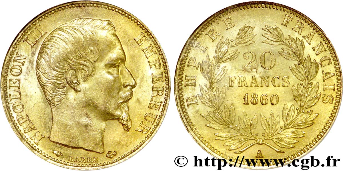 20 francs or Napoléon III, tête nue 1860 Paris F.531/18 MS 