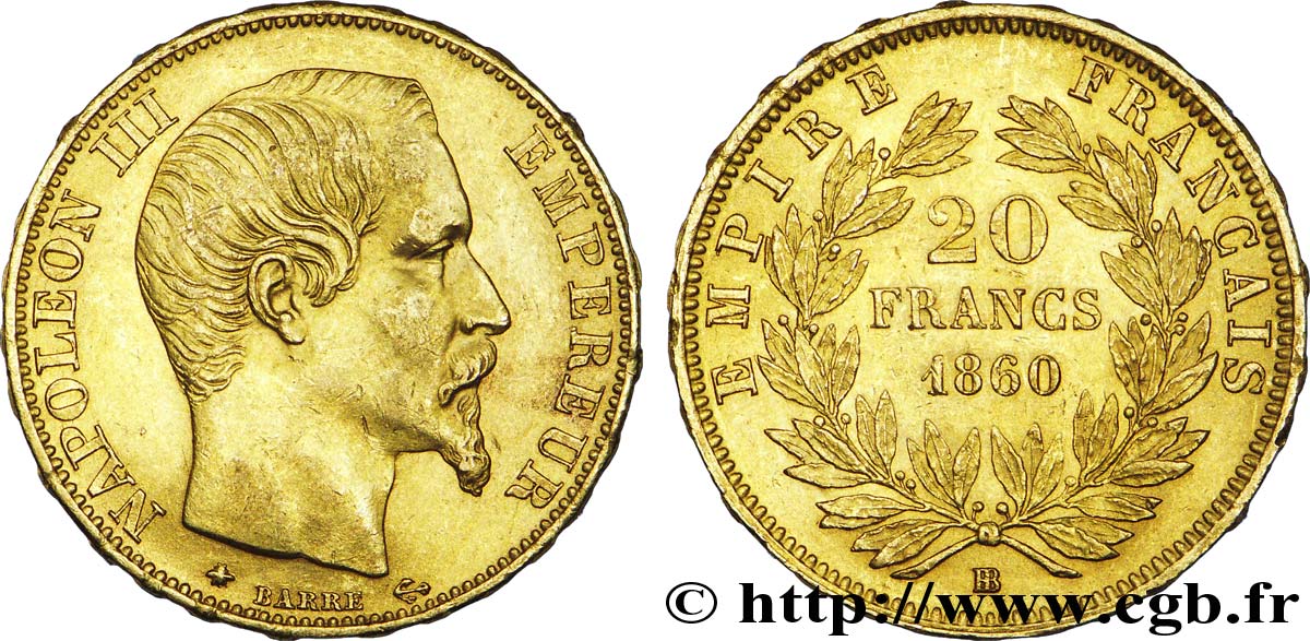 20 francs or Napoléon III, tête nue 1860 Strasbourg F.531/20 SUP 